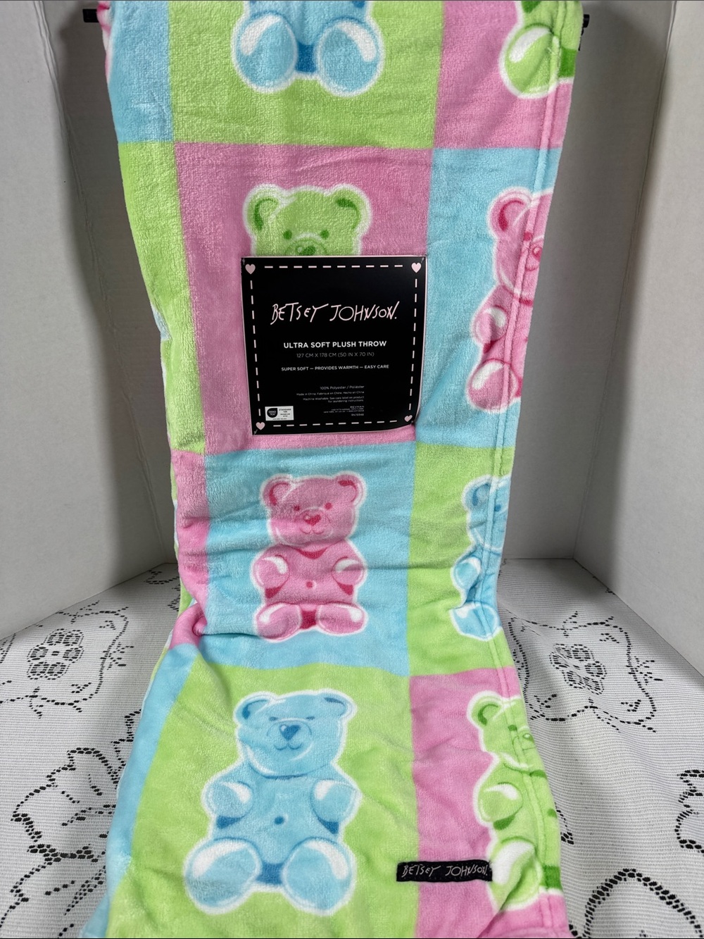 Betsey Johnson Pink Blue & Green Gummy Bears Ultra Soft Plush Throw Blanket